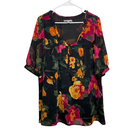 NY Collection Blouse Women's 1X Floral V-Neck Artsy Short Sleeve Top - Picture 1 of 10